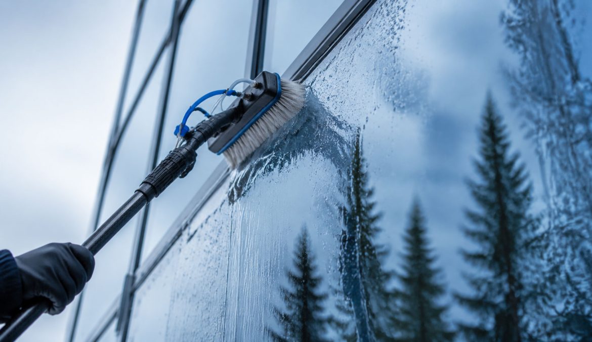 Commercial Window Cleaning in Whitehorse Water-fed brush cleaning a commercial window in Whitehorse