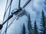 Water-fed brush cleaning a commercial window in Whitehorse