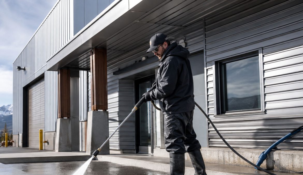 Commercial Pressure Washing in Whitehorse Professional pressure washing a concrete entrance beside a commercial building in Whitehorse