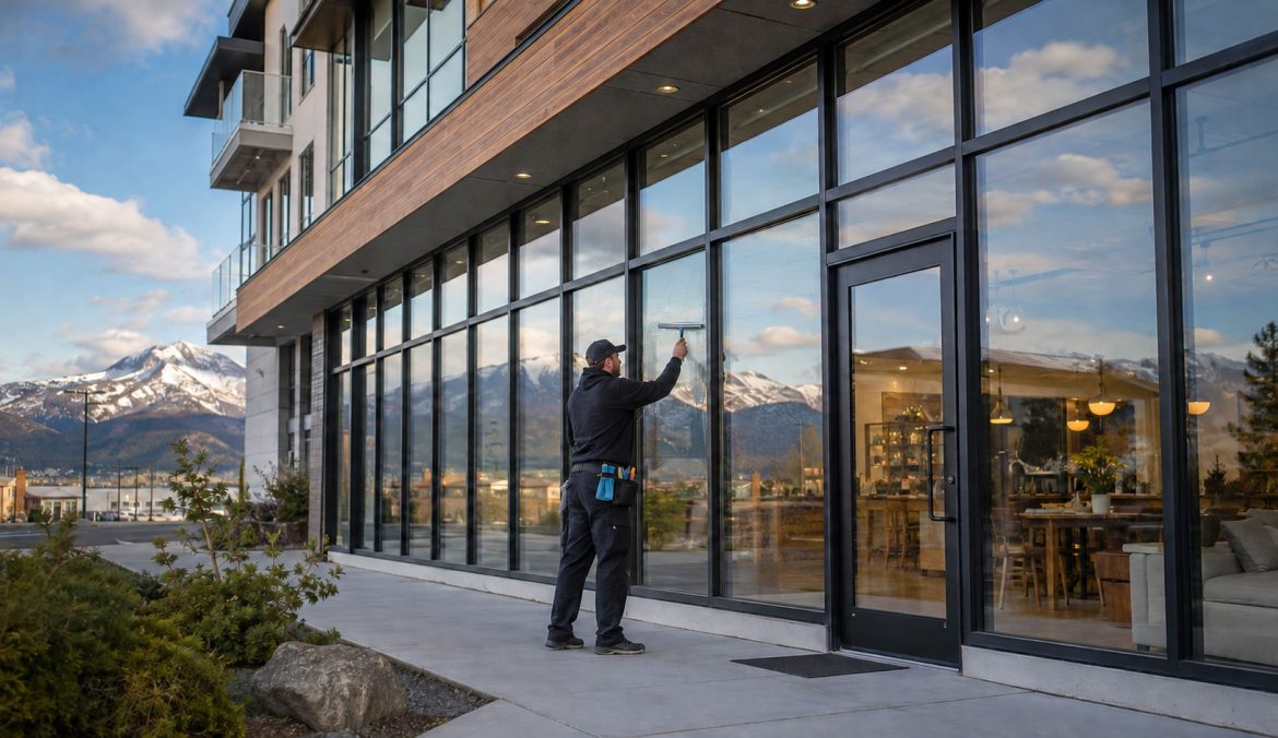 commercial-window-cleaning-glacier-clear-2 Professional window cleaner using a squeegee on commercial windows in Whitehorse