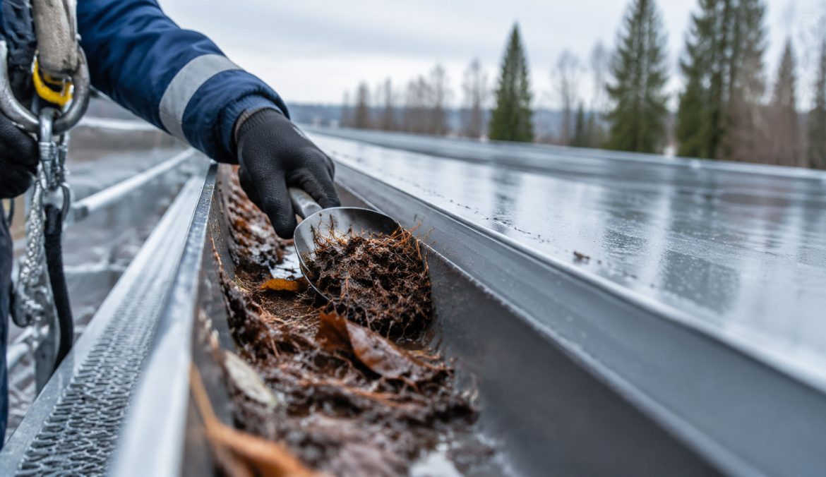 Professional commercial gutter cleaning removing leaves and debris from an eavestrough in Whitehorse